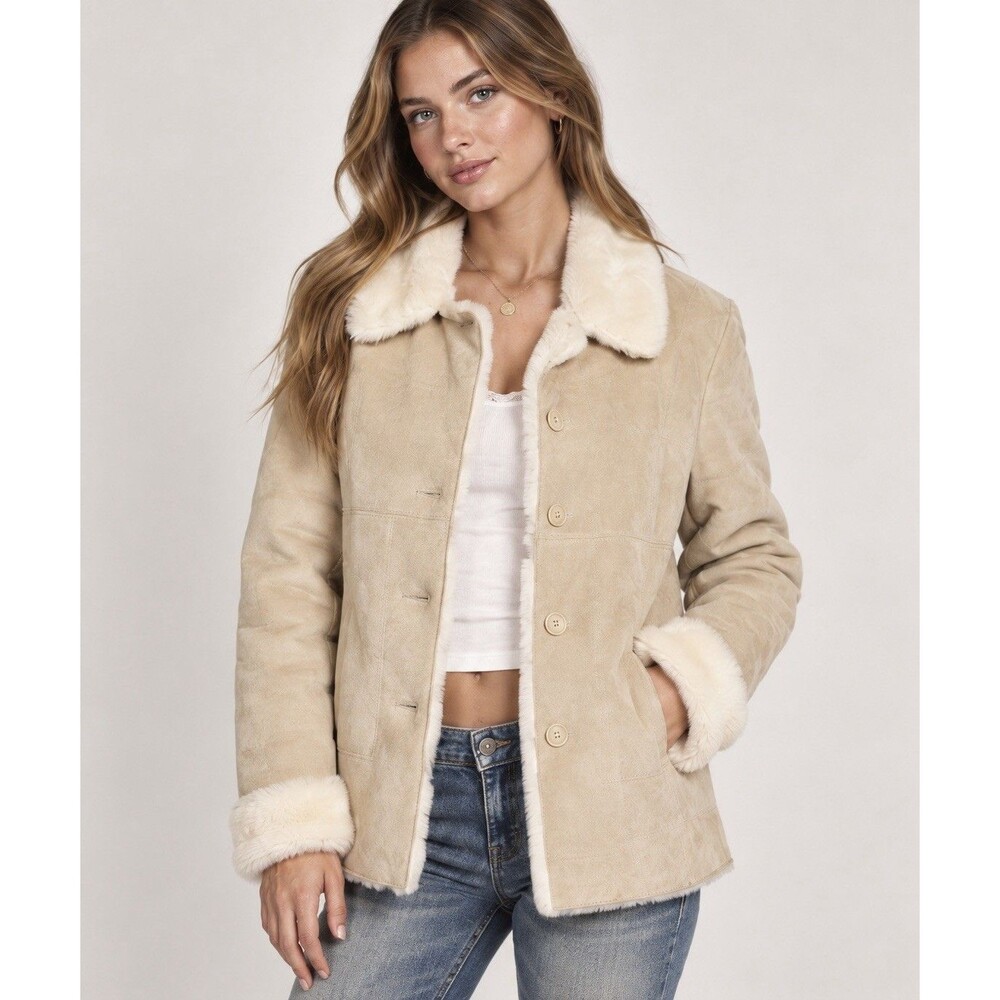 Marvin Richards Women’s M Suede Leather Coat Shearling Style Beige Ivory